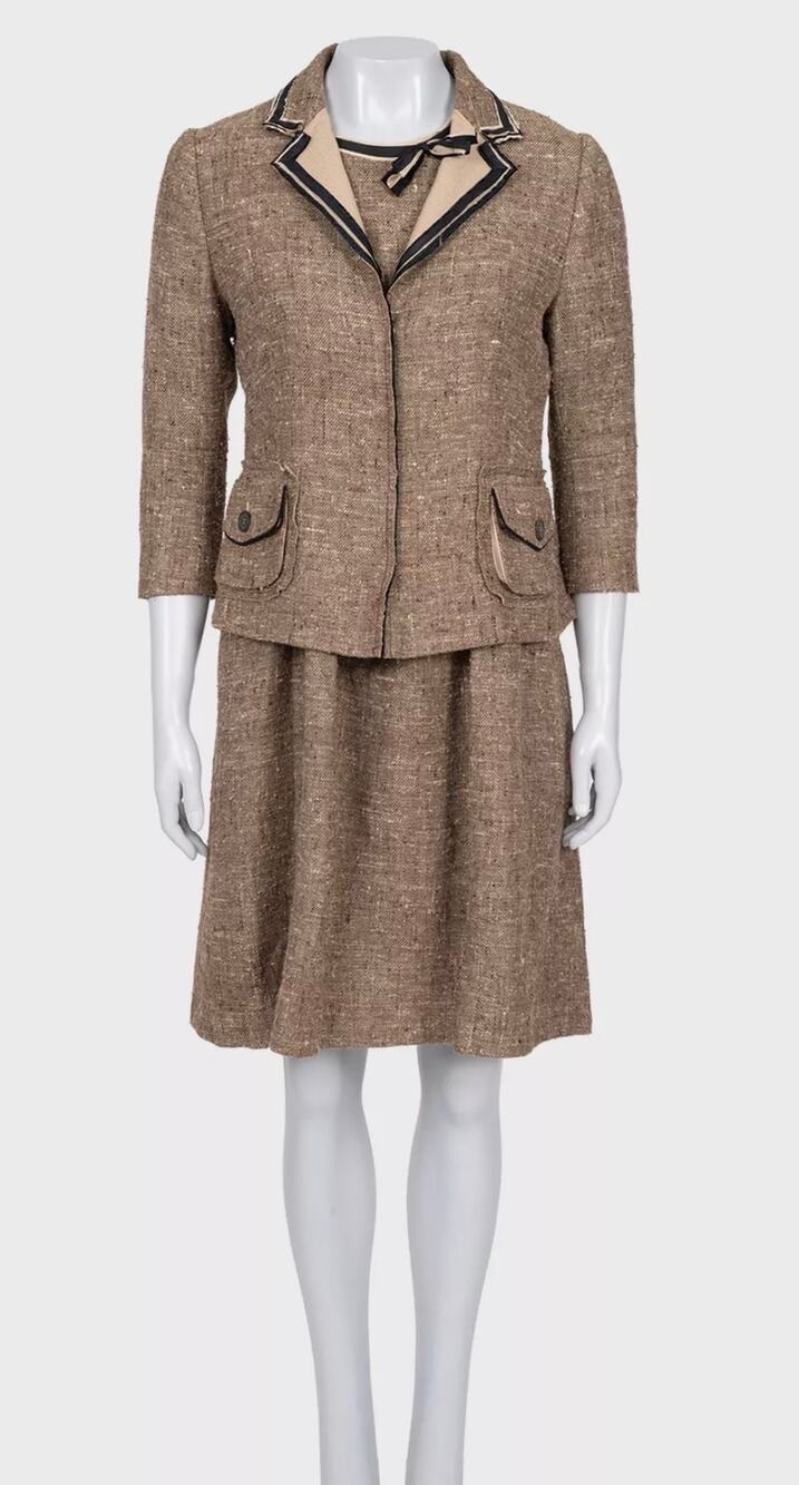 Elegant Prada Brown Silk Blend Dress & Jacket Set Sz.44